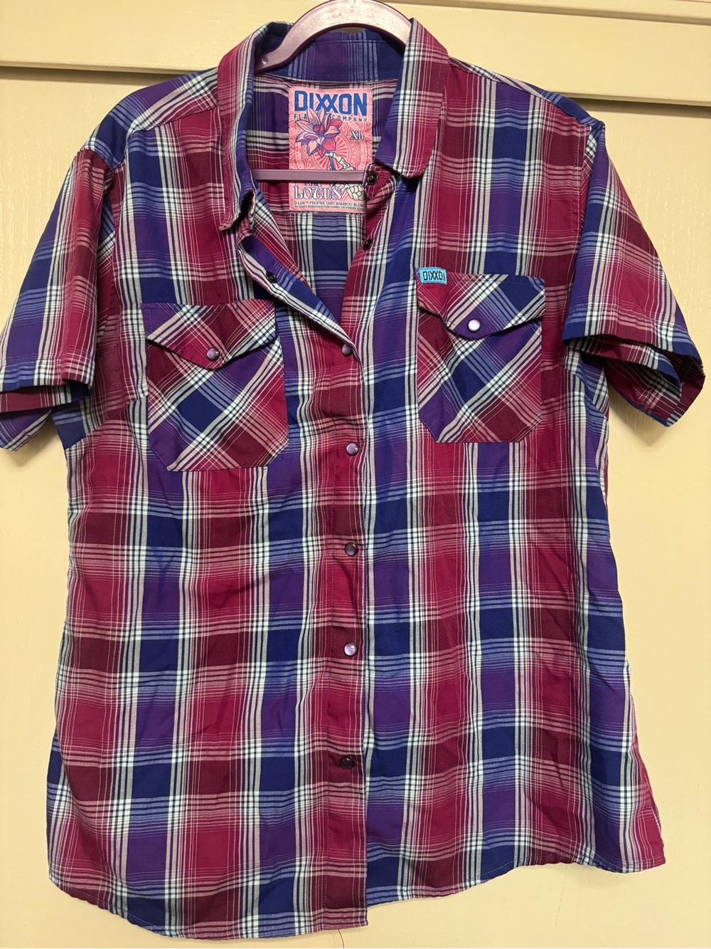 DIXXON Purple and Red Plaid Short Sleeve Button-Down Shirt